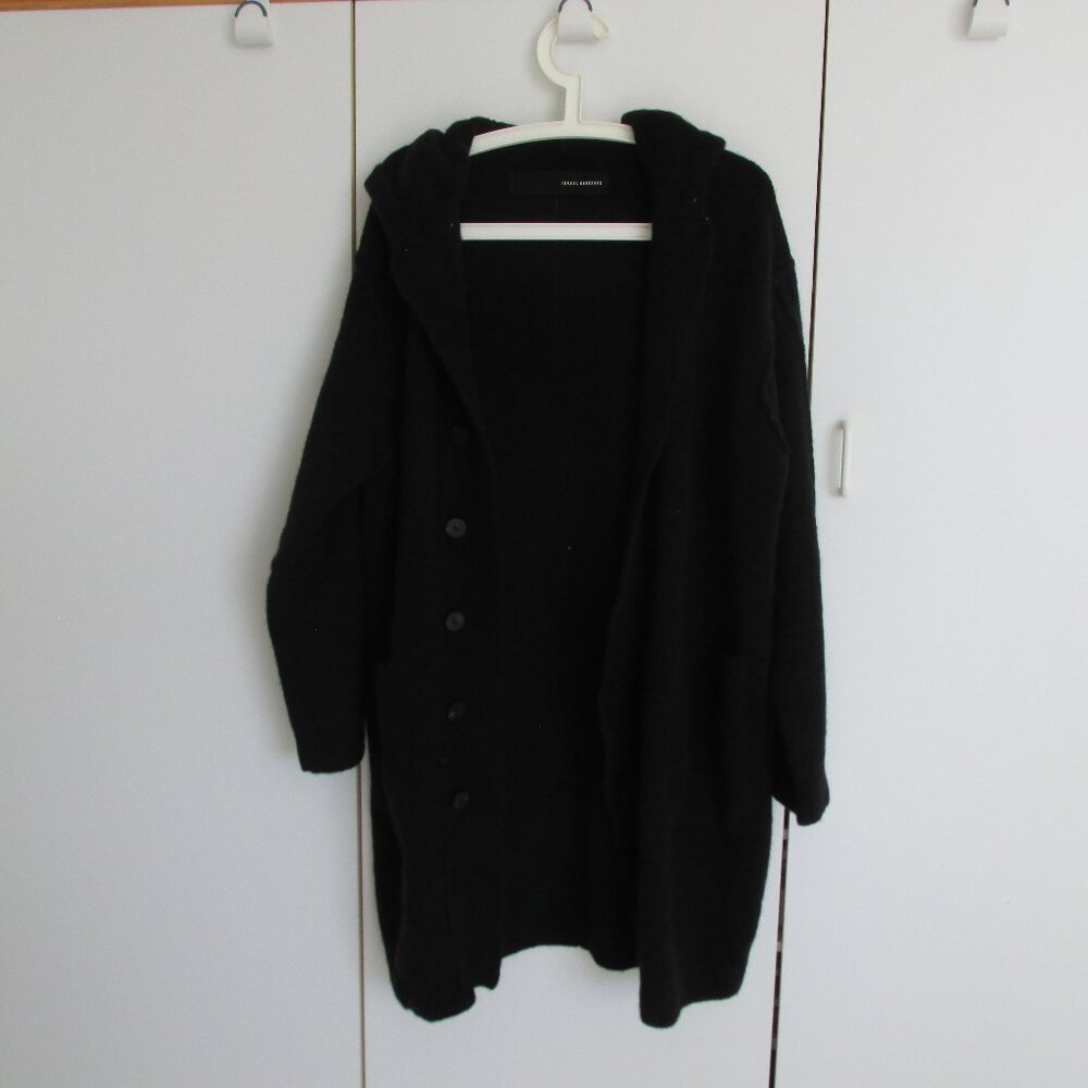 Isabel Benenato Italy Black Hooded Long Knit Coat Wool & Yak Blend Size M
